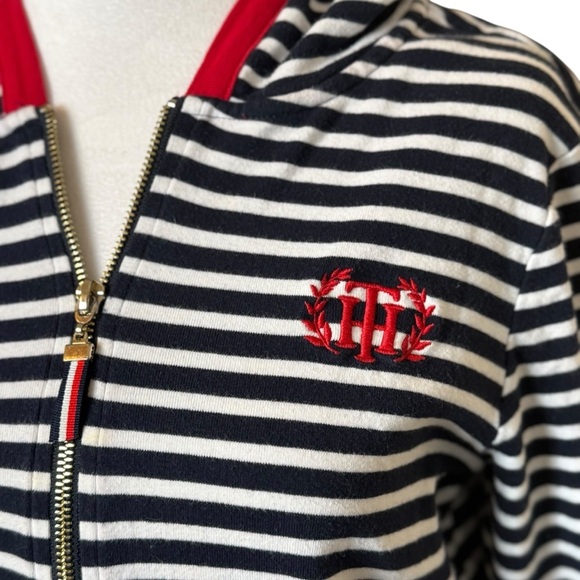 Tommy Hilfiger Quarter Zip Navy White Striped Knit Hoodie Red Embroidery Medium - Picture 3 of 10